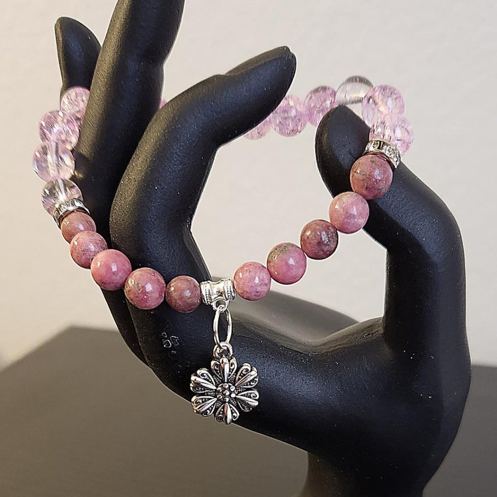 Ice Flake Quartz and Rhodonite Gemstone Stretchy Bracelet